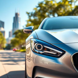 A sleek modern car parked in a picturesque urban setting, showcasing its elegant curves and shiny metallic finish