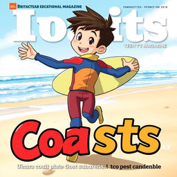 Anime-style cover art for an educational magazine issue titled 'Coasts', featuring a friendly teen boy surfer in a colorful wetsuit