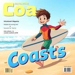 Anime-style cover art for an educational magazine issue titled 'Coasts', featuring a friendly teen boy surfer in a colorful wetsuit