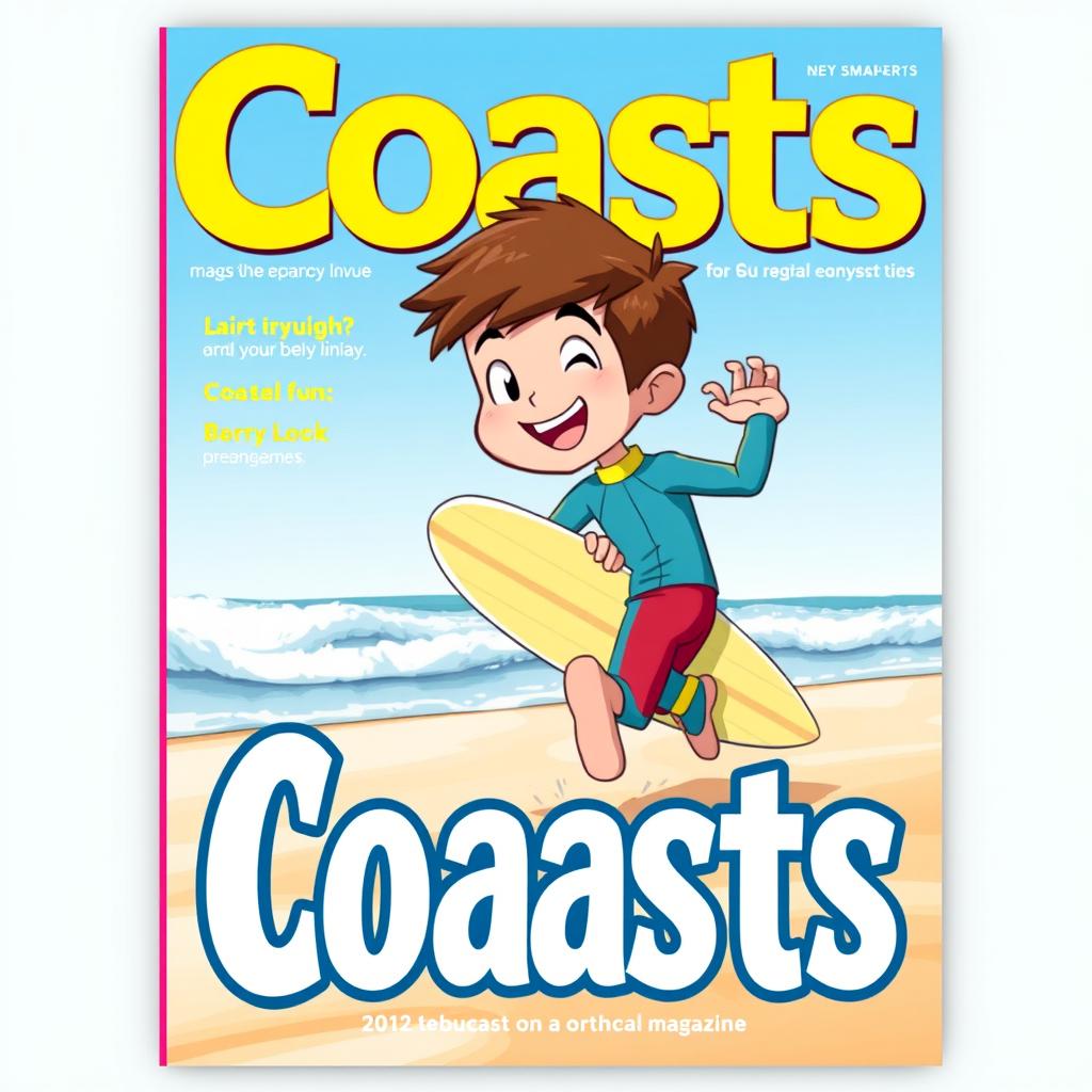 Anime-style cover art for an educational magazine issue titled 'Coasts', featuring a friendly teen boy surfer in a colorful wetsuit