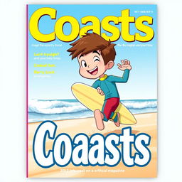 Anime-style cover art for an educational magazine issue titled 'Coasts', featuring a friendly teen boy surfer in a colorful wetsuit