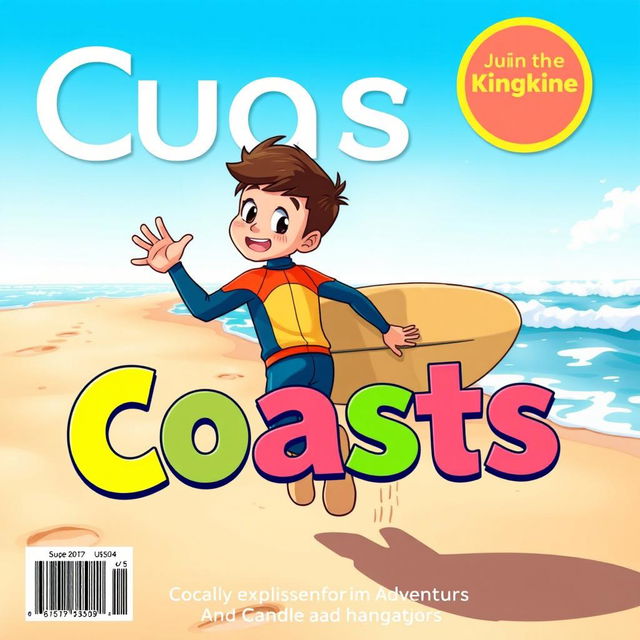 Anime-style cover art for an educational magazine issue titled 'Coasts', featuring a friendly teen boy surfer in a colorful wetsuit