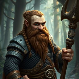 A dwarf cleric worshipping Marthammor Duin, featuring a broken nose, braided brown hair, braided beard, and cheerful steel-gray eyes