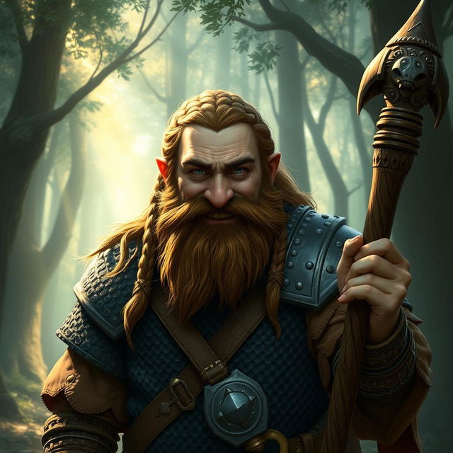 A dwarf cleric worshipping Marthammor Duin, featuring a broken nose, braided brown hair, braided beard, and cheerful steel-gray eyes