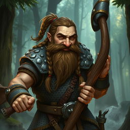 A dwarf cleric worshipping Marthammor Duin, featuring a broken nose, braided brown hair, braided beard, and cheerful steel-gray eyes