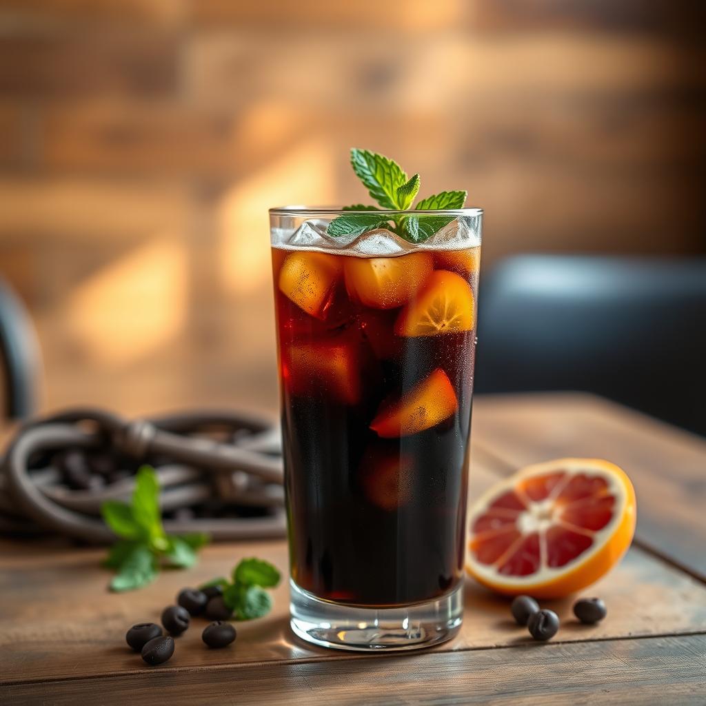 Aesthetic arrangement of cold brew coffee with ice cubes in a tall glass, garnished with a slice of orange and a mint sprig