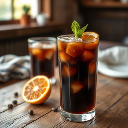Aesthetic arrangement of cold brew coffee with ice cubes in a tall glass, garnished with a slice of orange and a mint sprig