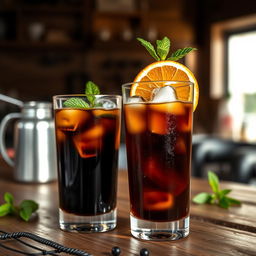 Aesthetic arrangement of cold brew coffee with ice cubes in a tall glass, garnished with a slice of orange and a mint sprig