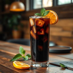 Aesthetic arrangement of cold brew coffee with ice cubes in a tall glass, garnished with a slice of orange and a mint sprig