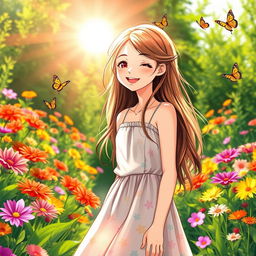 A beautiful girl with long, flowing hair, wearing a stylish summer dress, standing in a vibrant flower garden