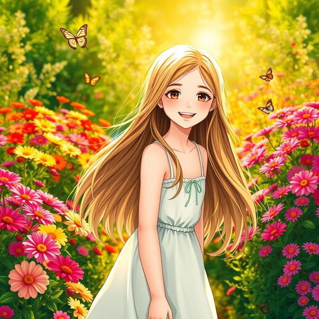 A beautiful girl with long, flowing hair, wearing a stylish summer dress, standing in a vibrant flower garden