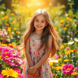 A beautiful girl with long, flowing hair, wearing a stylish summer dress, standing in a vibrant flower garden