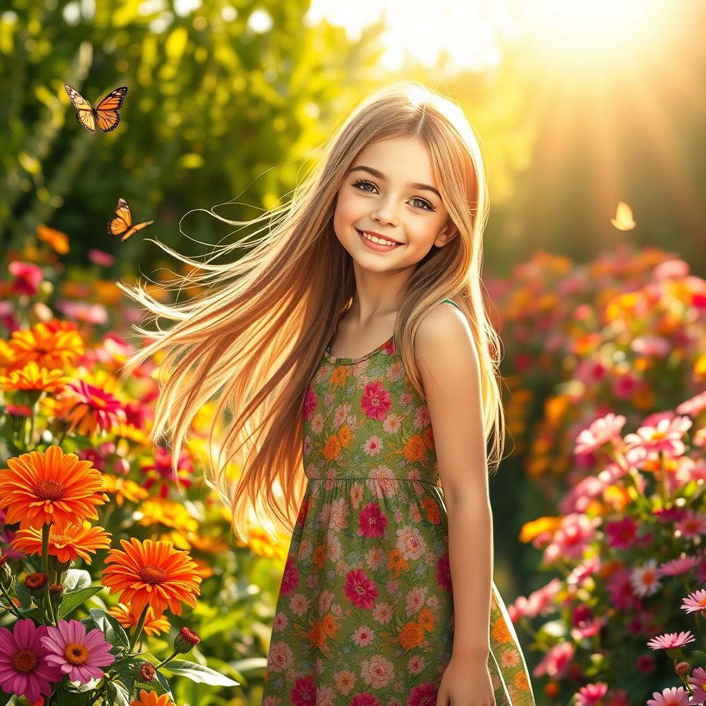 A beautiful girl with long, flowing hair, wearing a stylish summer dress, standing in a vibrant flower garden
