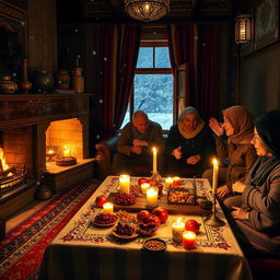 A winter night scene in Tabriz during Shab-e Cheleh (Yalda Night), showcasing a cozy interior with traditional Persian elements