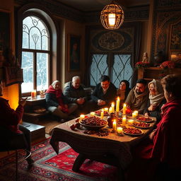 A winter night scene in Tabriz during Shab-e Cheleh (Yalda Night), showcasing a cozy interior with traditional Persian elements