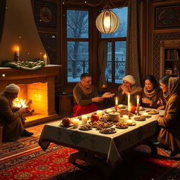 A winter night scene in Tabriz during Shab-e Cheleh (Yalda Night), showcasing a cozy interior with traditional Persian elements