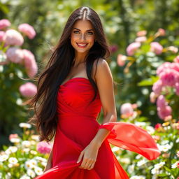 A beautiful woman with long flowing black hair, bright green eyes, and a radiant smile