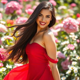 A beautiful woman with long flowing black hair, bright green eyes, and a radiant smile