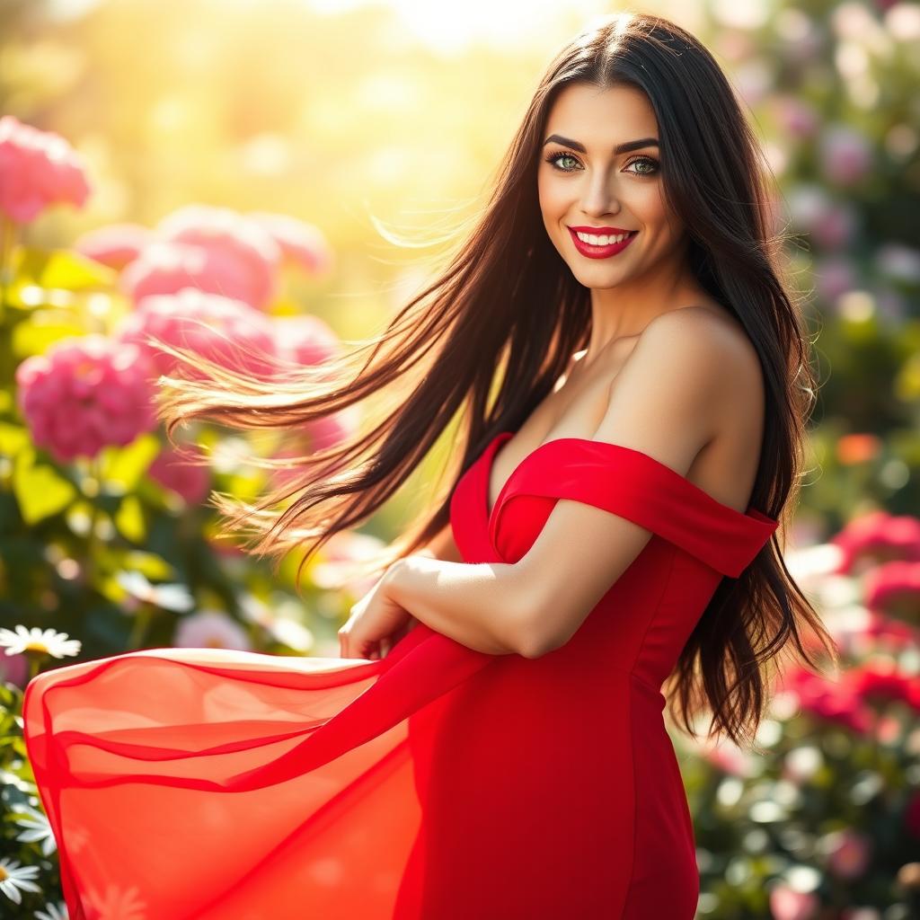 A beautiful woman with long flowing black hair, bright green eyes, and a radiant smile