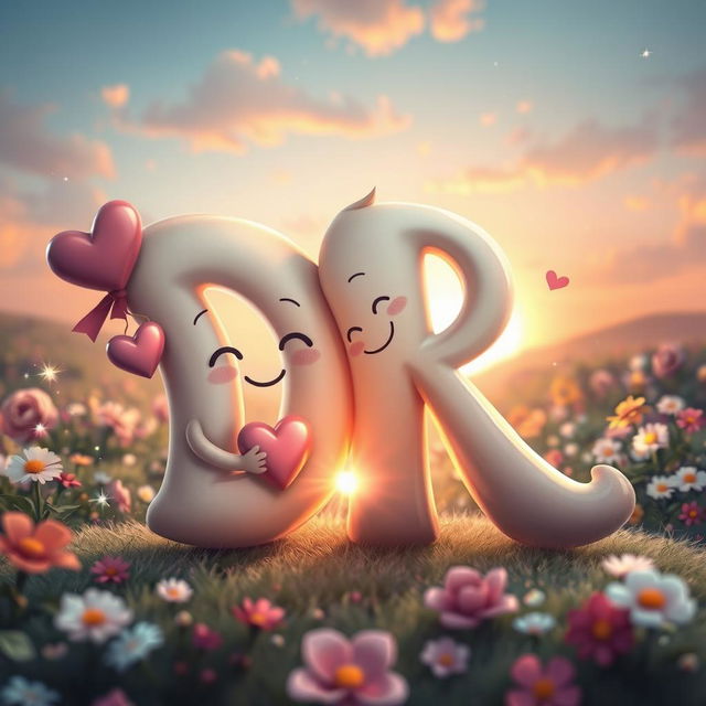 A whimsical and imaginative scene depicting the letters 'D' and 'R' as anthropomorphic characters in a romantic setting