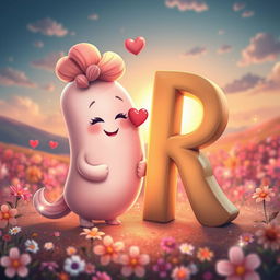 A whimsical and imaginative scene depicting the letters 'D' and 'R' as anthropomorphic characters in a romantic setting