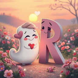 A whimsical and imaginative scene depicting the letters 'D' and 'R' as anthropomorphic characters in a romantic setting