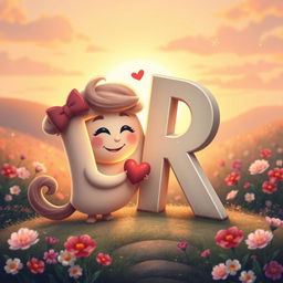 A whimsical and imaginative scene depicting the letters 'D' and 'R' as anthropomorphic characters in a romantic setting
