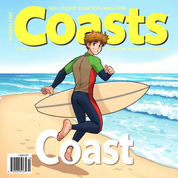 Manga-style cover art for an educational magazine issue titled 'Coasts', featuring a friendly teen male surfer character in a colorful wetsuit