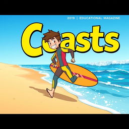 Manga-style cover art for an educational magazine issue titled 'Coasts', featuring a friendly teen male surfer character in a colorful wetsuit