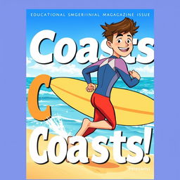Manga-style cover art for an educational magazine issue titled 'Coasts', featuring a friendly teen male surfer character in a colorful wetsuit