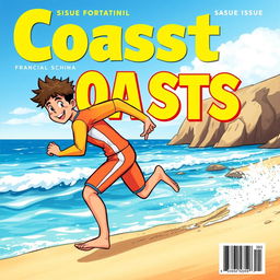 Manga-style cover art for an educational magazine issue titled 'Coasts', featuring a friendly teen male surfer character in a colorful wetsuit