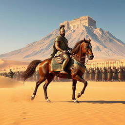 A stunning and majestic depiction of Cyrus the Great, splendidly clad in ornate armor, riding a magnificent horse in the desert