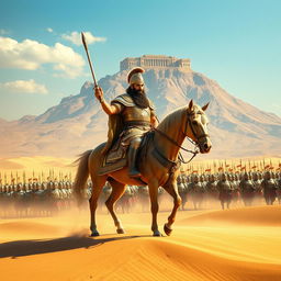 A stunning and majestic depiction of Cyrus the Great, splendidly clad in ornate armor, riding a magnificent horse in the desert