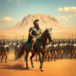 A stunning and majestic depiction of Cyrus the Great, splendidly clad in ornate armor, riding a magnificent horse in the desert