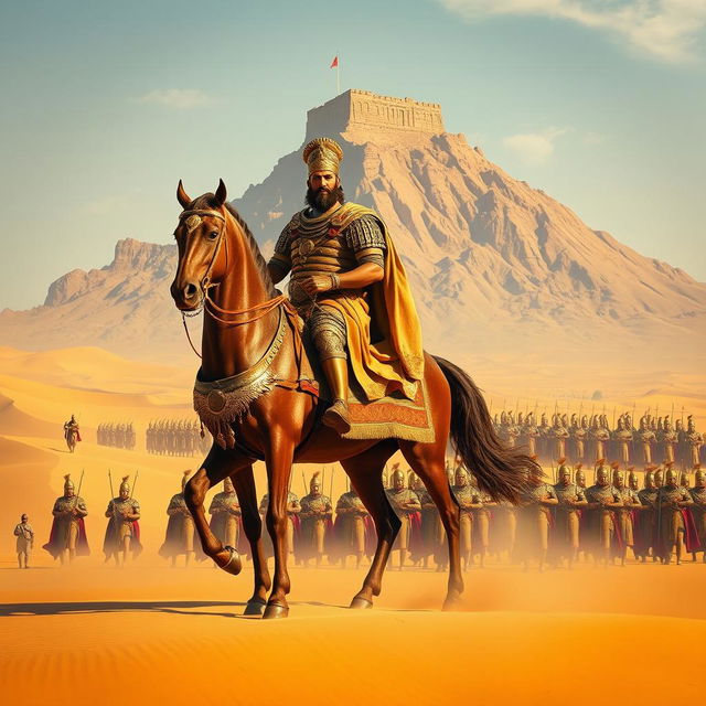 A stunning and majestic depiction of Cyrus the Great, splendidly clad in ornate armor, riding a magnificent horse in the desert