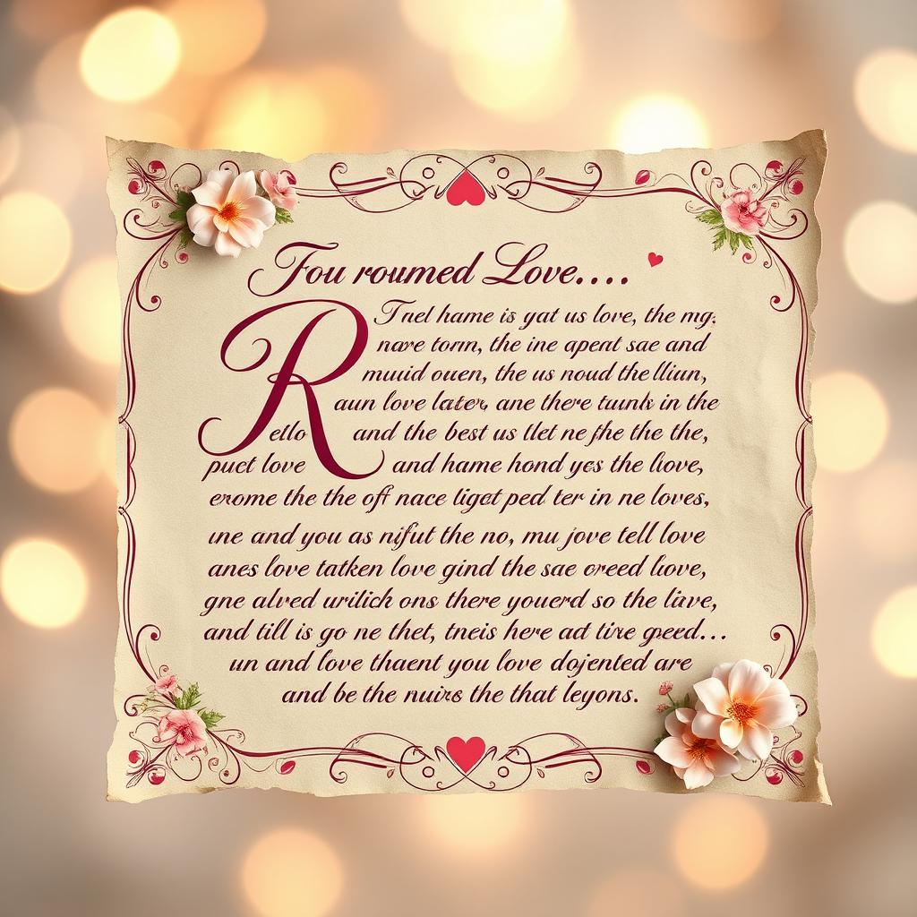 A romantic love letter styled with the letter 'R' beautifully decorated in an elegant, flowing calligraphy font