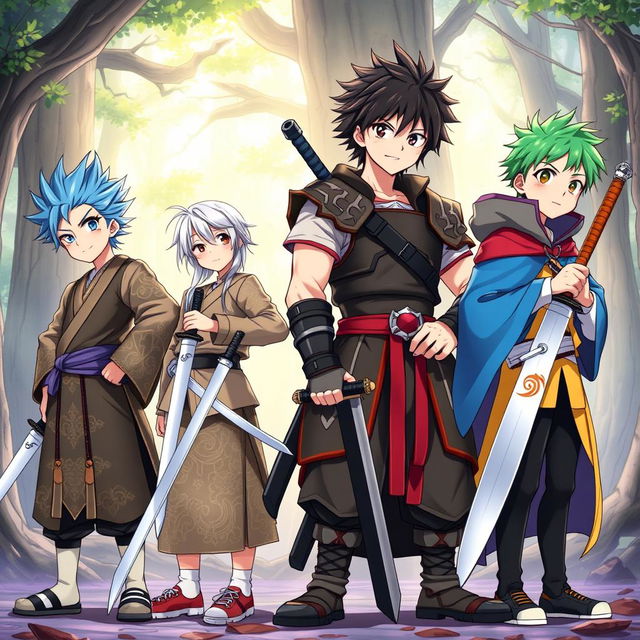 A vibrant scene depicting four anime brothers, each uniquely styled, standing confidently side by side