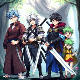 A vibrant scene depicting four anime brothers, each uniquely styled, standing confidently side by side