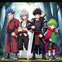 A vibrant scene depicting four anime brothers, each uniquely styled, standing confidently side by side