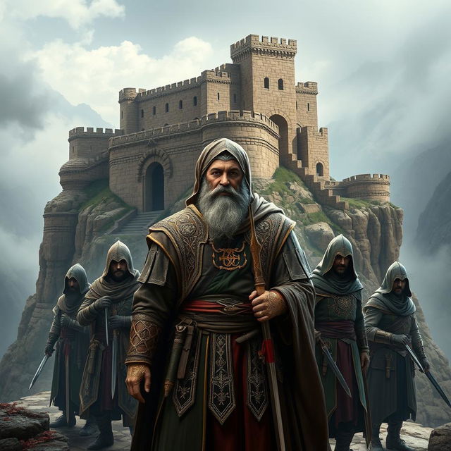 A captivating scene of Hassan-i Sabbah, the legendary leader of the Nizari Ismailis, depicted in the fortress of Alamut