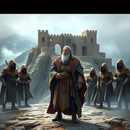 A captivating scene of Hassan-i Sabbah, the legendary leader of the Nizari Ismailis, depicted in the fortress of Alamut