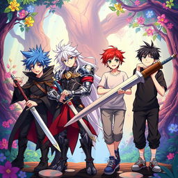 A dynamic scene featuring four anime brothers standing together, each holding a distinct sword that reflects their individual personalities