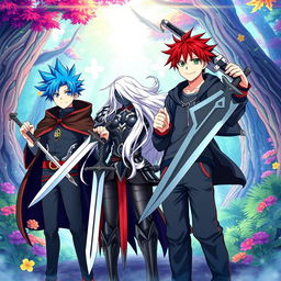 A dynamic scene featuring four anime brothers standing together, each holding a distinct sword that reflects their individual personalities