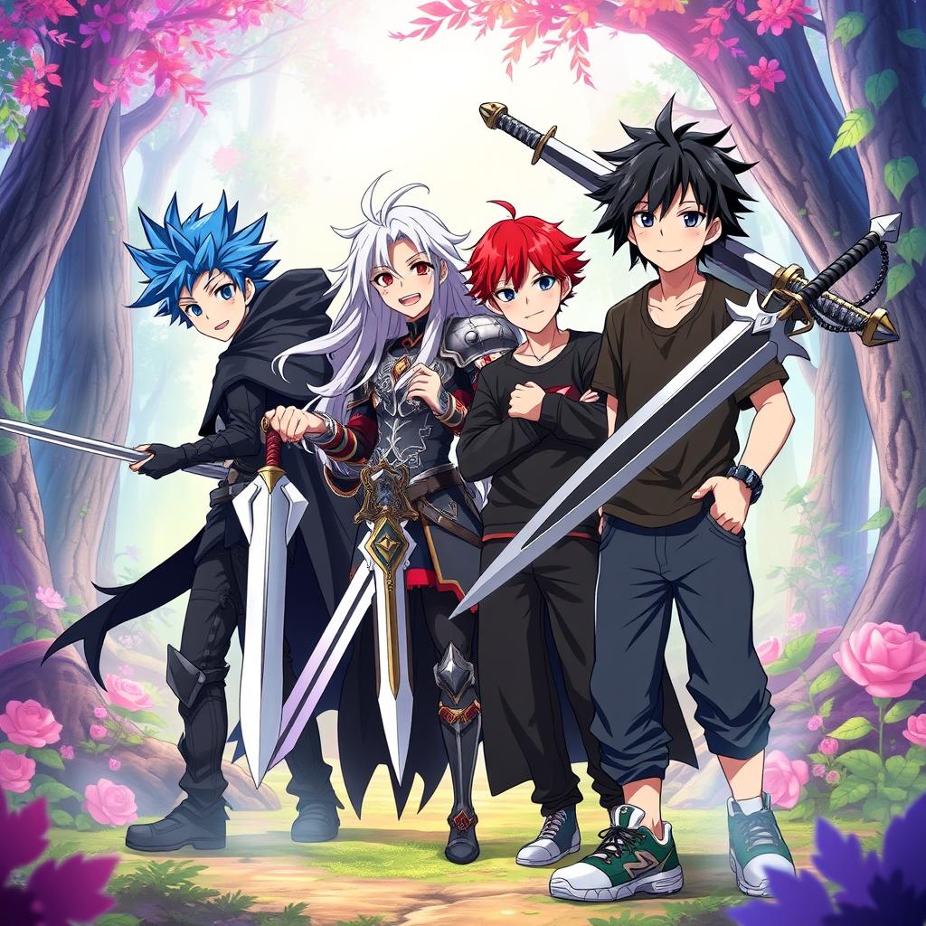 A dynamic scene featuring four anime brothers standing together, each holding a distinct sword that reflects their individual personalities