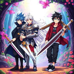 A dynamic scene featuring four anime brothers standing together, each holding a distinct sword that reflects their individual personalities