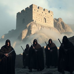 A dramatic scene set in the fortress of Alamut, featuring several Hashashins, the elite assassins of the Nizari Ismaili sect