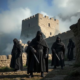 A dramatic scene set in the fortress of Alamut, featuring several Hashashins, the elite assassins of the Nizari Ismaili sect