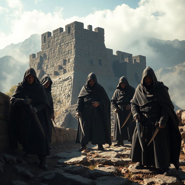 A dramatic scene set in the fortress of Alamut, featuring several Hashashins, the elite assassins of the Nizari Ismaili sect