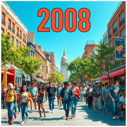 A realistic image depicting a year in a vibrant urban setting from 2008