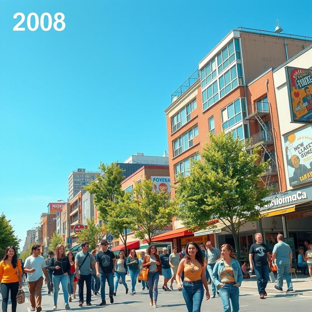 A realistic image depicting a year in a vibrant urban setting from 2008